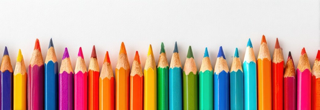 A vibrant array of colored pencils arranged in a row against a clean, white background, showing tips and wooden shafts