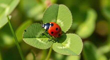 Fototapeta premium Ladybug on a clover leaf