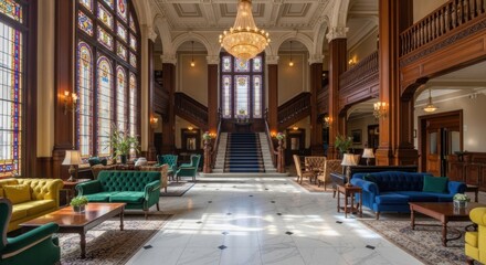 Elegant Historic Hotel Lobby with Large Stained Glass Windows Ornate Chandelier and Colorful Velvet Sofas