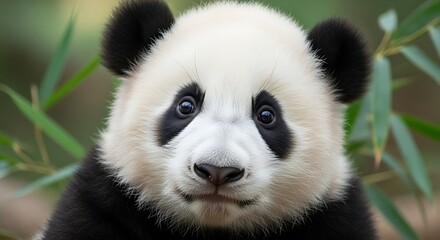 Close-up portrait of a captivating baby panda, showcasing its expressive eyes and adorable features against a backdrop of lush bamboo.