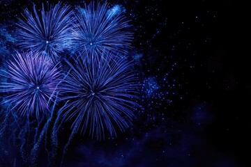 Vibrant blue fireworks burst against a dark night sky