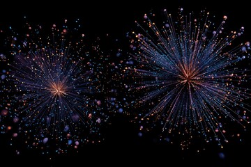 Two vibrant, digital fireworks explode on black