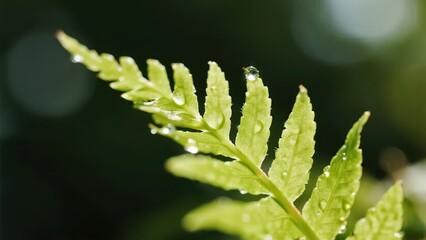 A fern leaf with water droplets shows a fresh and natural texture and vitality under the light.