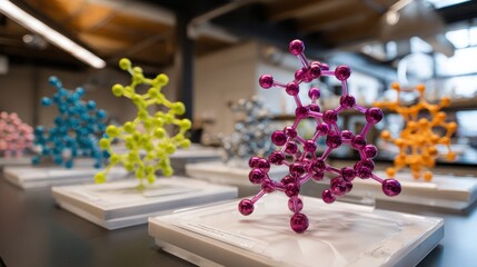 Vibrant Molecular Models Displayed in Science Lab: Magenta, Green, Blue, Orange Chemical Structures