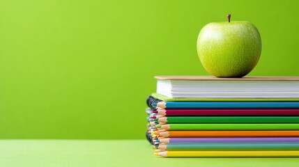 Green apple atop a stack of colorful pencils and books against a green background, creating a simple, bright, school-related still life