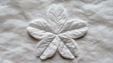 A five-petal flower made of crinkled white material, centrally placed on a lightly textured, off-white background