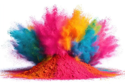 Vibrant explosion of multicolored powder creating a dynamic, eye-catching visual on a clean white background
