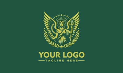 Obraz premium A stylized illustration of an angel holding a trident within a laurel wreath, ready for branding.
