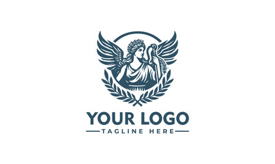 Fototapeta premium A stylized logo featuring an angel with wings, framed by a wreath and circle, with space for text below.