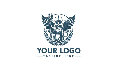 Vintage style logo featuring a majestic angel holding a trident, surrounded by laurel wreath, for a company or organization.