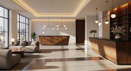 Modern Bright Hotel Lobby with Lounge Area and Wooden Reception Desk