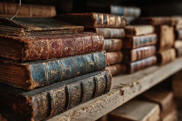 Stacked Antique Books on Wooden Shelf with Ornate Gold Detailing and Aged Texture