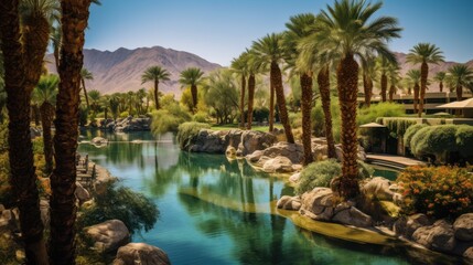Lush oasis water palms mountains resort trees desert