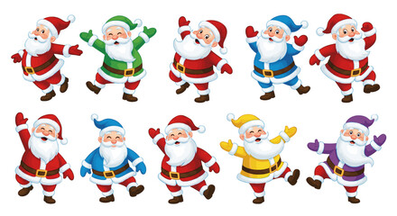 Cartoon illustrations depicts a cheerful and jolly Santa Claus in a variety of dynamic, happy dance poses. Each Santa is playfully colored in a different vibrant hue.