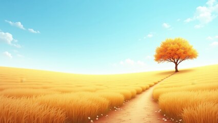 A solitary golden tree stands sentinel over a sun-drenched golden field, with a pathway winding through the tall grasses, evoking a serene and peaceful atmosphere.