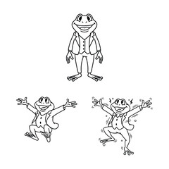 A character pose set of a cartoon frog in a suit, showing a range of emotions from calm to jumping with joy. A perfect illustration for a storybook or animation.