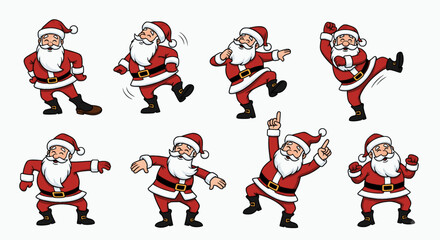A lively set of cartoon illustrations depicts a cheerful and jolly Santa Claus in a variety of dynamic, happy dance poses. 