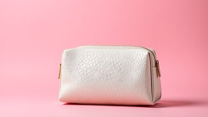 Fototapeta premium Elegant cosmetic bag on soft pink background, highlighting texture and design.