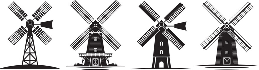 Vintage black and white vector illustration of traditional windmills with detailed blades and structures, perfect for energy, agriculture, history, rural landscape, and architectural design concepts.