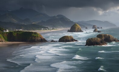Coastal scene features rocky formations off the beach, mountains in the background, and a cloudy, moody sky with diffused light