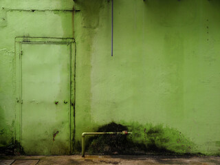 Green stained walls with a steel metal door and pipes and some damp wet areas.