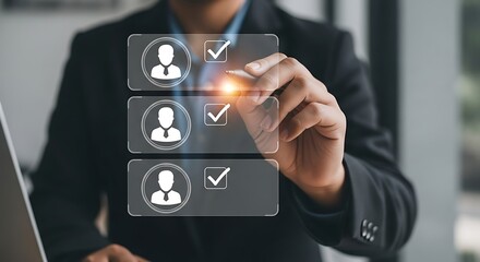 Businessman using laptop to select human resource and recruitment employment headhunting concept with checklist complete tasks sign on screen