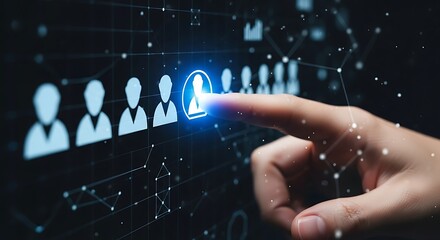 Close up of businessman hand touching virtual screen to choose the best candidate for the job human resource management concept