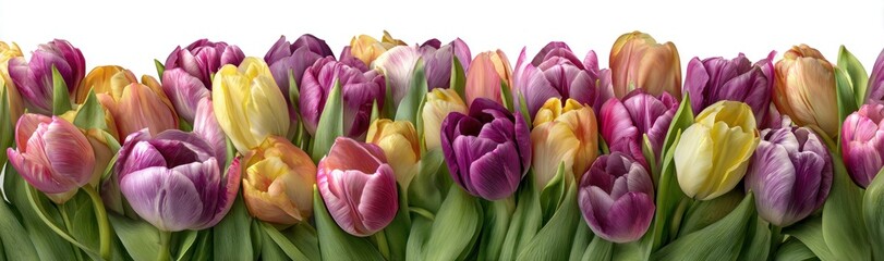 Fototapeta premium A close-up of a row of colorful tulips against a bright white background, showcasing a variety of hues and textures
