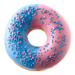 Colorful donut with pink and blue frosting and sprinkles on a black background