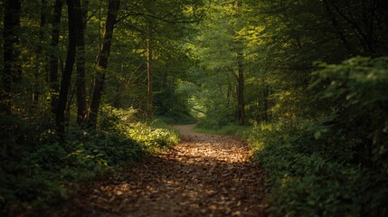 A sun-drenched forest path winds through a dense canopy of lush greenery.
