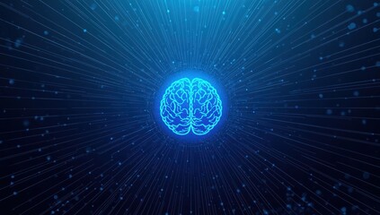 A glowing brain graphic, outlined in light blue, is centered against a dark blue background with radiating lines and tiny particles.