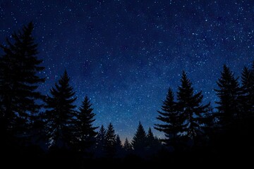Dark silhouettes of pine trees against a starry night sky (2)