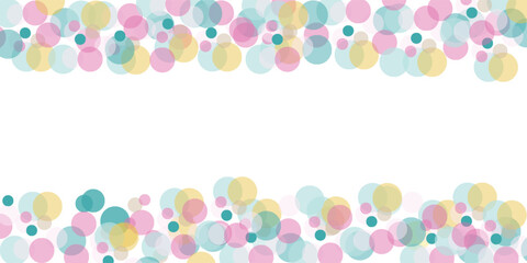 Border of memphis round confetti in cyan blue, pink and yellow on white. Childish frame background vector, children's party birthday celebration card. Holiday confetti circles in memphis style.