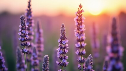 Obraz premium Lavender blossoms stand tall against a soft, golden sunset, showcasing delicate purple hues.
