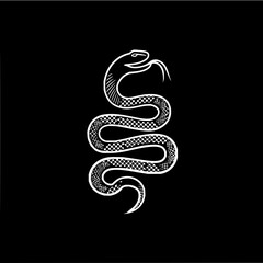 Naklejka premium White snake with forked tongue coiled on a black background in a sketch style illustration art