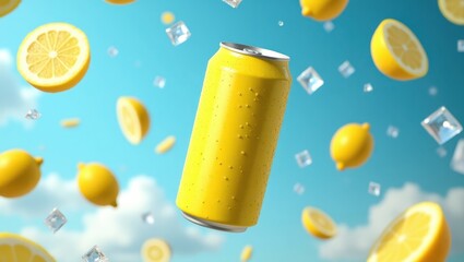 A bright yellow aluminum can floats amidst a cheerful scattering of lemon slices and ice cubes against a light azure sky.