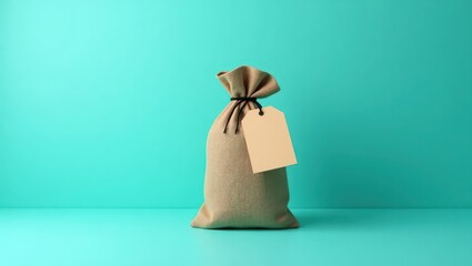 Fototapeta premium A simple, beige burlap sack with a blank tag, presented against a vibrant teal backdrop, evokes a sense of understated elegance and practicality.