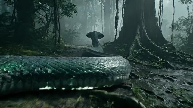 Close-up view of a large, green snake resting on the damp forest floor in a dark, moody rainforest setting, showcasing intricate scales and cinematic lighting.