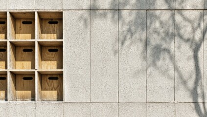 Wooden alcoves in a light gray stone wall.