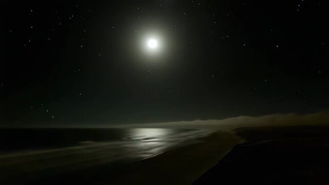 Moonlit Beach Serenity: A tranquil beach under a full moon, casting a shimmering path across the calm ocean waters, with a gentle mist rolling in from the sea.