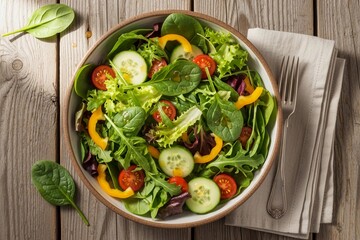 Fresh vibrant green salad bowl on rustic wooden table with cutlery