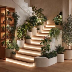 A light-filled staircase adorned with lush greenery in stylish planters, showcasing a tranquil and inviting interior design.