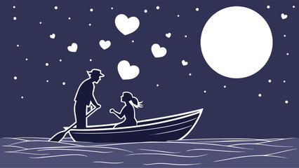 Naklejka premium Couple in a boat under the moonlit sky with hearts