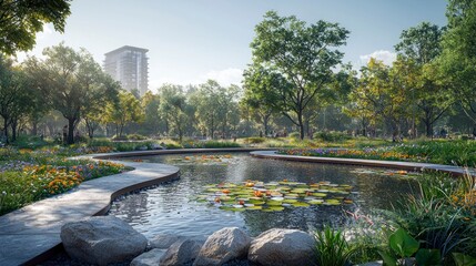 Naklejka premium Serene urban park with winding paths, reflecting pond, and blooming flowers near modern buildings