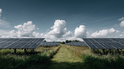 Solar Panel Farm Under a Cloudy Sky