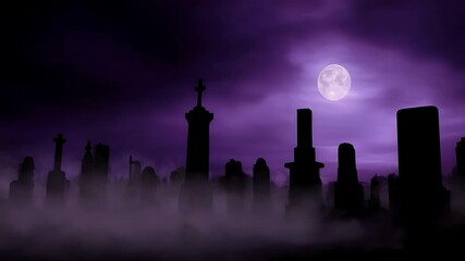 Silhouettes of graves in a cemetery at night with a full moon in the background and fog on Halloween night