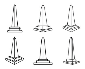 Set of Obelisk monument line art, black outline, vector and illustration