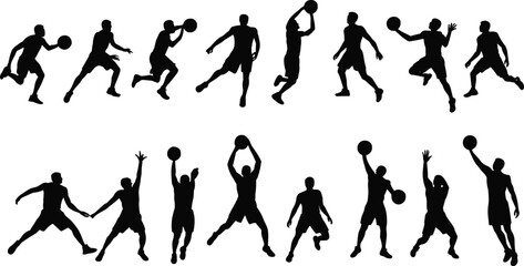 Basketball player silhouette, dynamic action poses, dribbling, shooting, passing, jumping, defending, sports movement, athletic motion, team game, competition