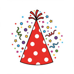 Obraz premium Red party hat with white polka dots and colorful confetti.