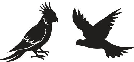 Obraz premium Bird silhouettes, perched cockatoo, flying dove, black shapes, white background, feather detail, wings avian, flight, nature, elegant, posture, simplicity, peaceful, graphic